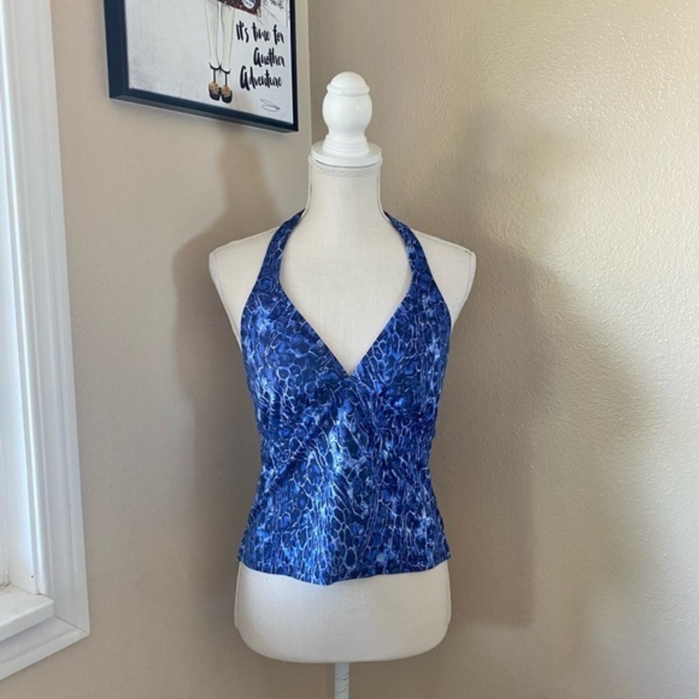 Jantzen blue animal print halter tankini top (top only), Sz. 14